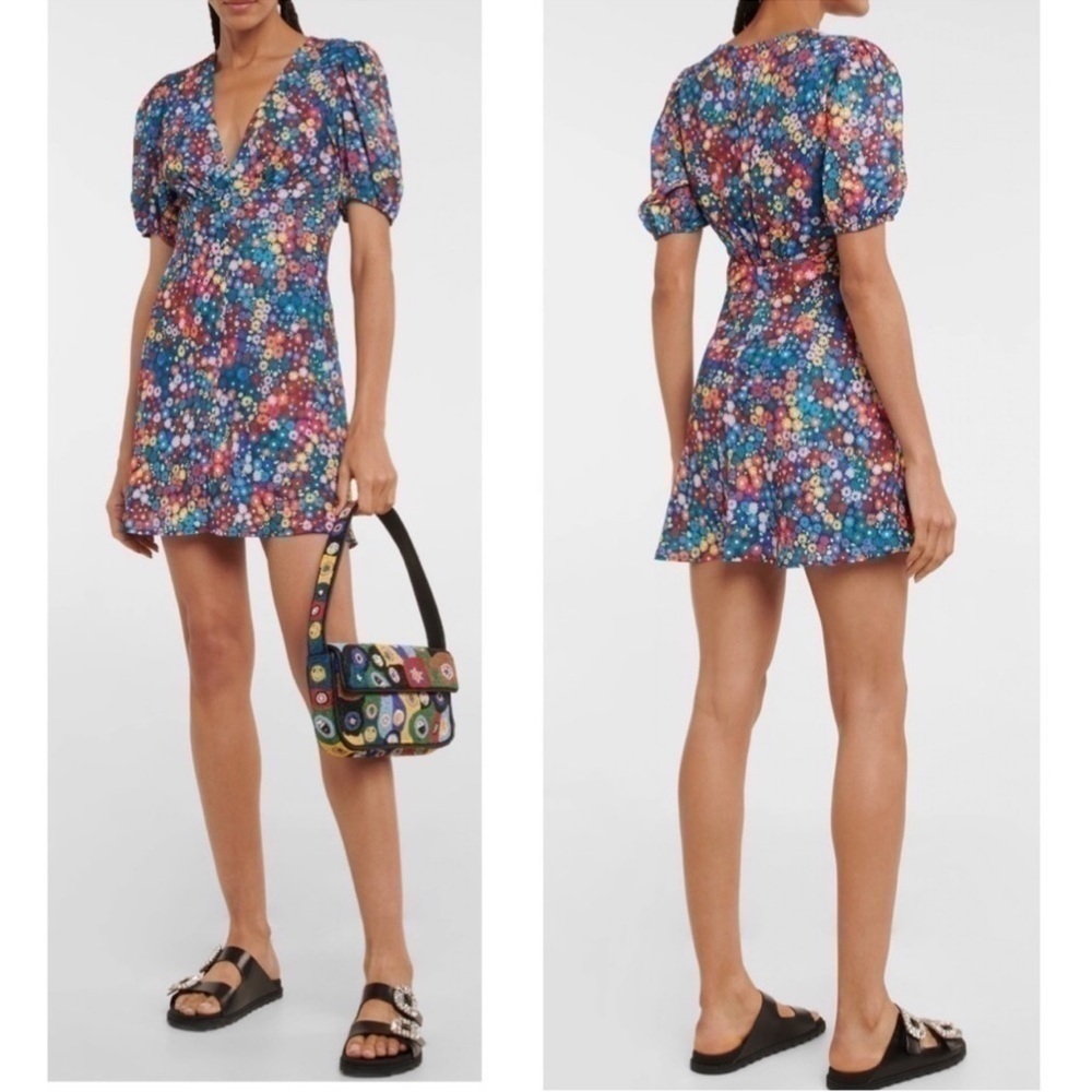 STAUD Milla Floral-Print Crêpe de Chine Short Puff Sleeve V Neck Mini Dress NEW